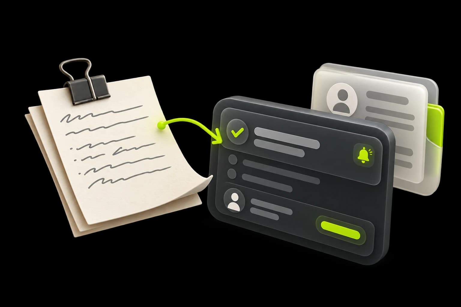 Isometric illustration of a clinic follow-up note becoming a patient-linked task with an assigned employee, status and reminder.