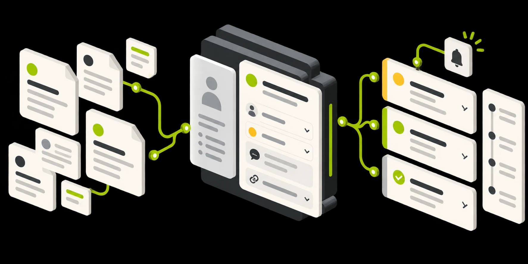 Premium isometric illustration of an EHR-integrated clinic task management system connecting patient-related requests, staff assignments, reminders and team dashboards.