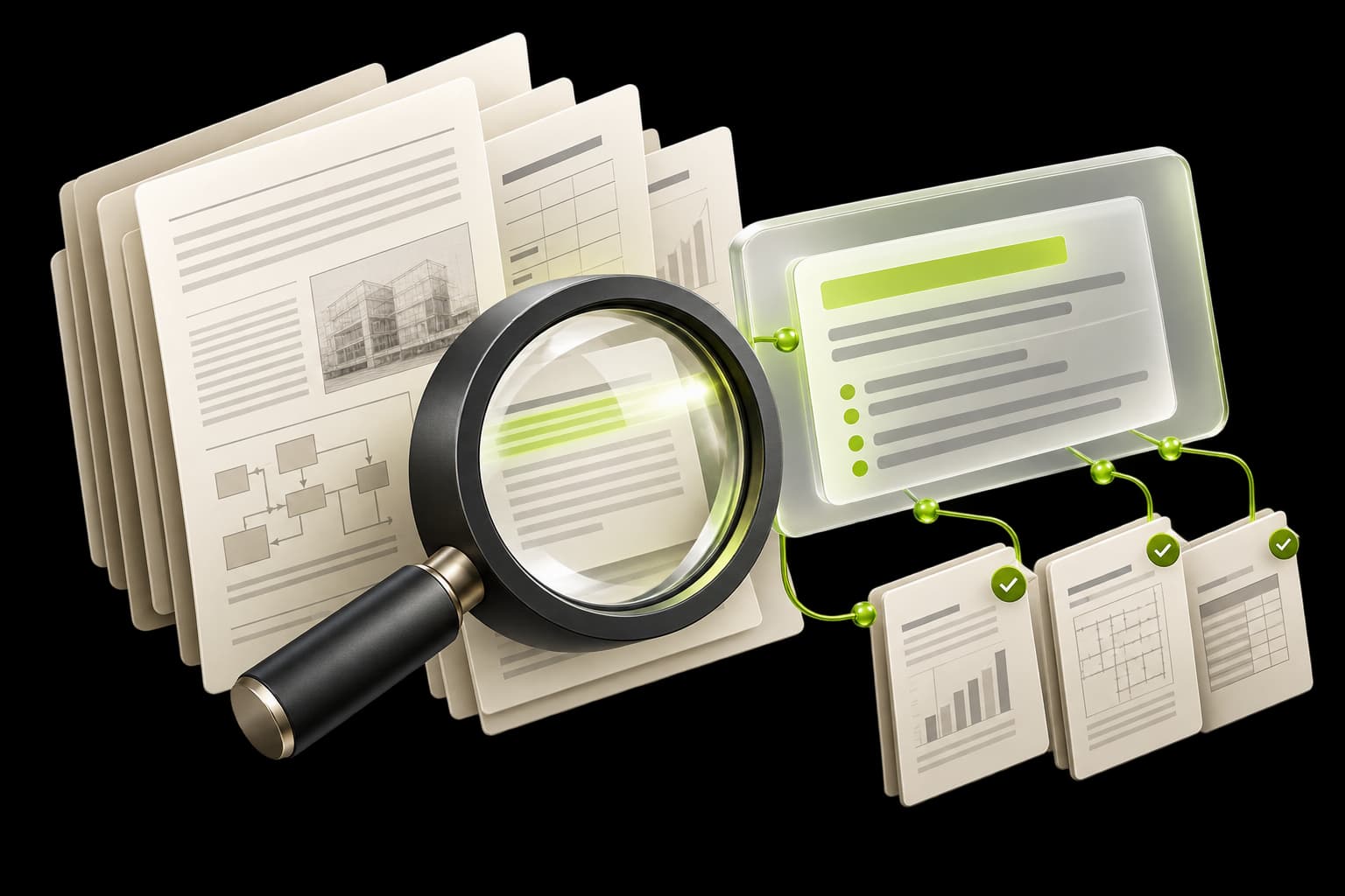 Transparent 3D illustration of layered technical documents, a search object and source-referenced answer panel with human verification.
