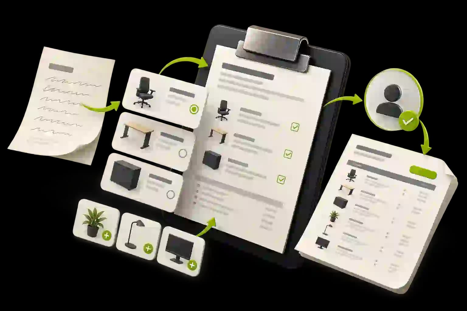 Isometric illustration of a customer project brief becoming a structured equipment order with inventory references and a specialist review checkpoint.