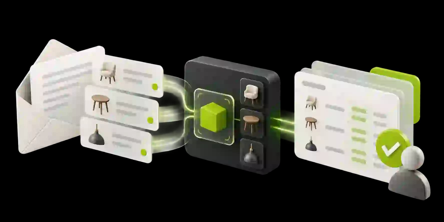 Isometric 3D illustration of an incoming wholesale purchase order becoming a structured ERP draft with catalog-matched products and a human review checkpoint.
