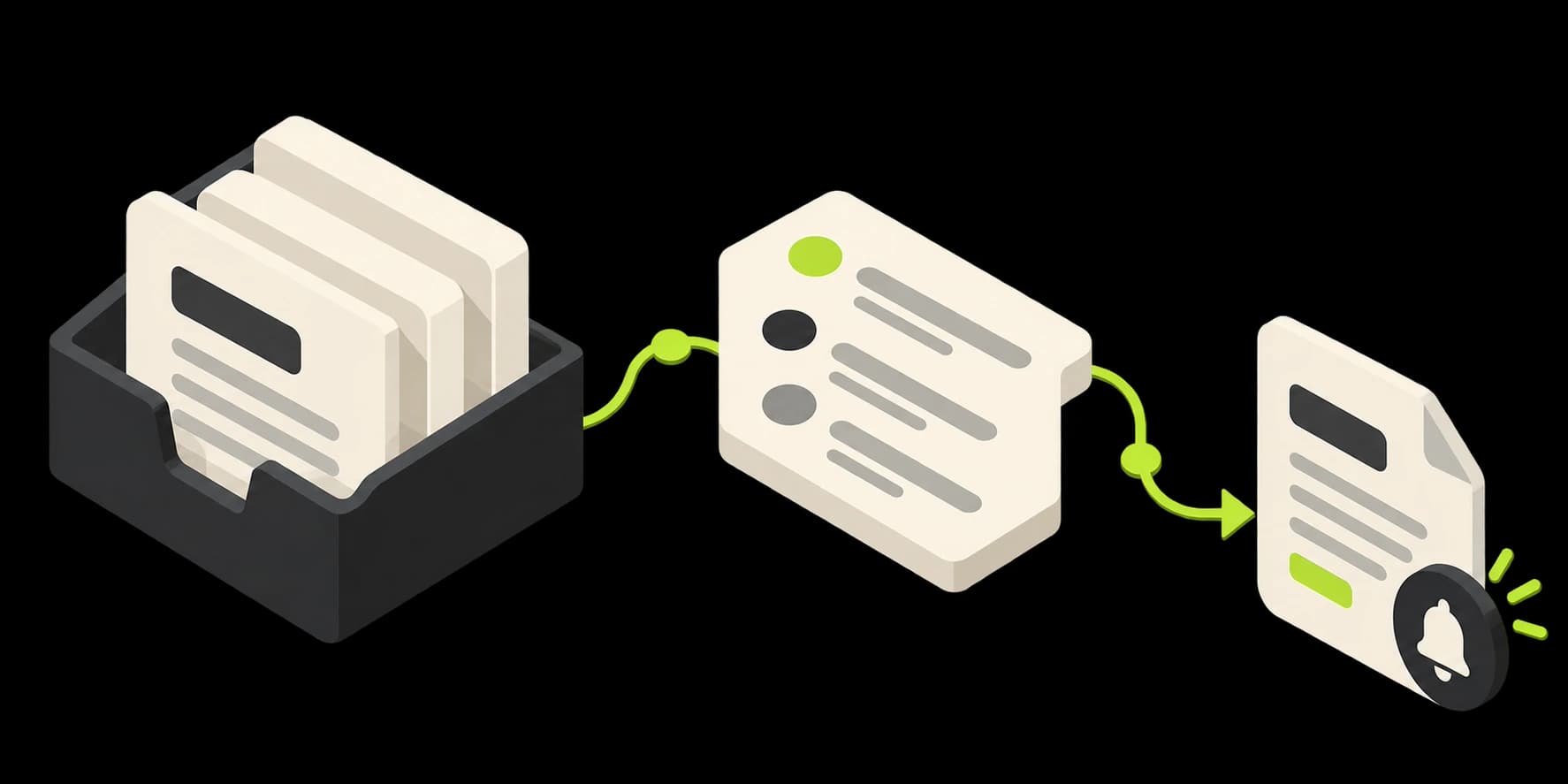 Isometric illustration of customer company documents with tracked review status, relevant dates and an automated renewal reminder.