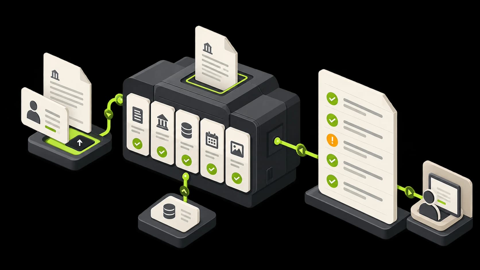 Premium isometric illustration of an AI document validation system checking company-document details, business registration information, document dates and visual markers before human review.