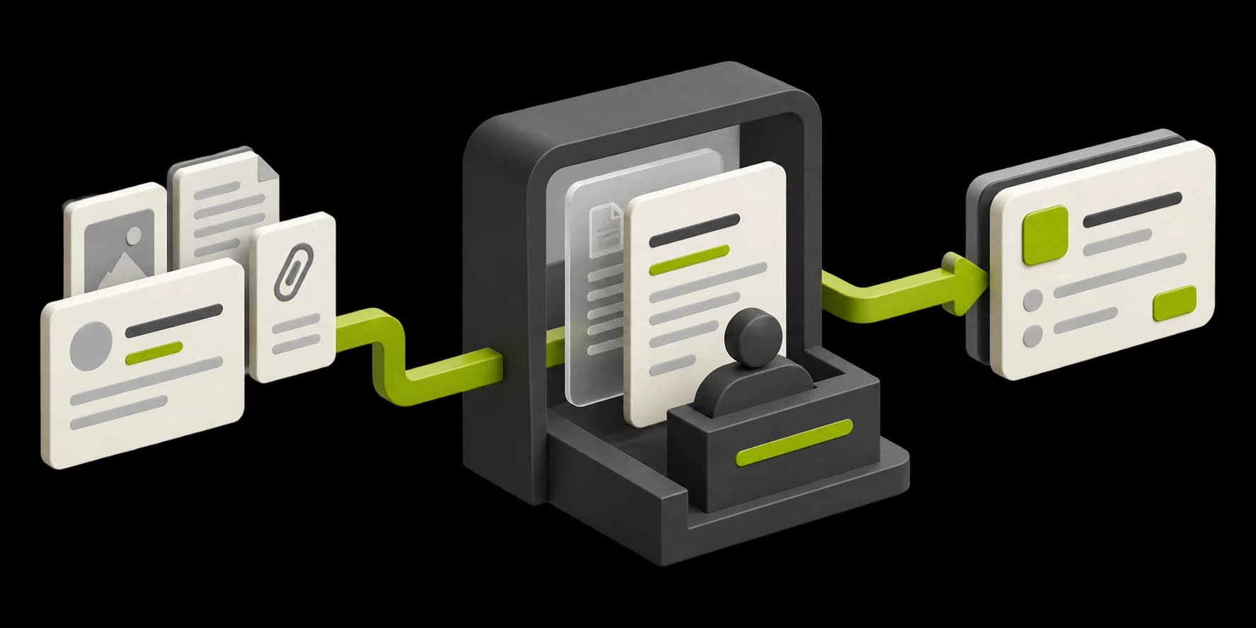 Premium isometric illustration of a source-backed customer update becoming a proposed operational action that requires human approval.