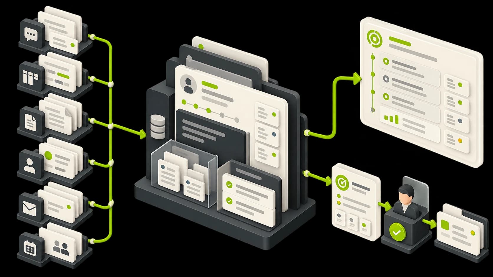 Premium isometric illustration of an AI customer context system connecting six business information sources, organizing source-backed customer updates and routing proposed actions through human approval.